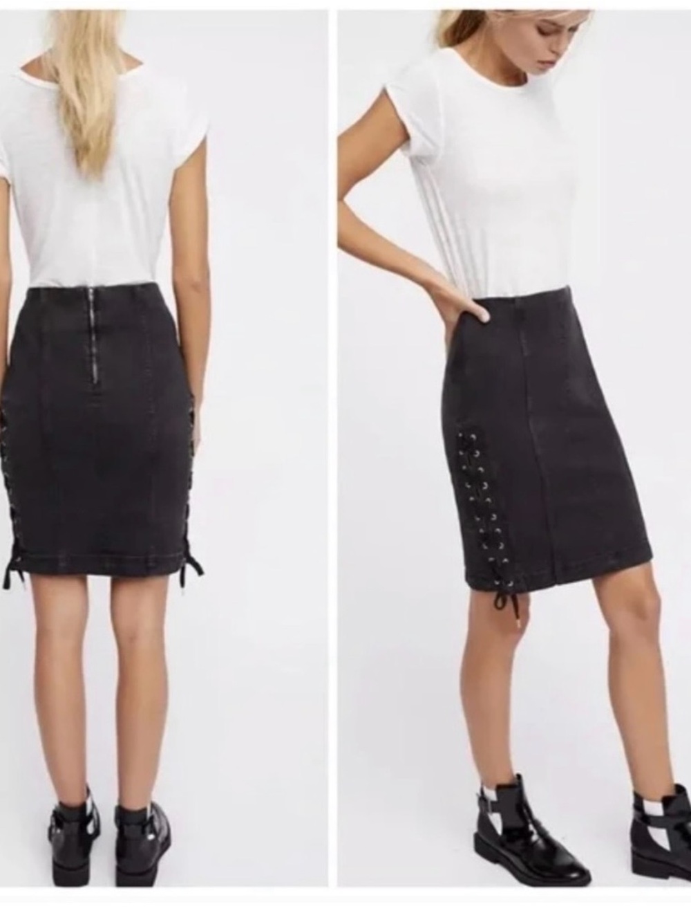 Free People Black Lace-Up Denim Pencil Skirt